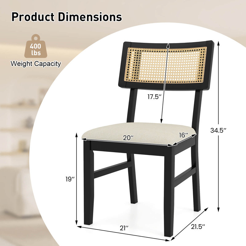Rattan Dining Chairs Set of 4 with Padded Seat, Rubber Wood Legs & Curved Backrest, 4
