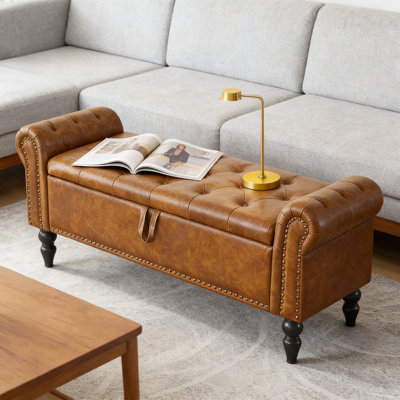 Leather Storage Ottoman Bench With Tufted Upholstery And Solid Wood Legs, Multi-Functional Bench With Hidden Storage For Living Room, Bedroom, Or Entryway