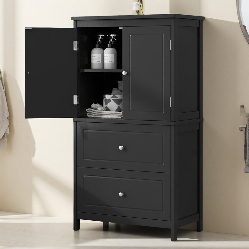 Stylish Bathroom Storage Cabinet – MDF Board Cabinet With Adjustable Shelf, Two Doors And Drawers For Ample Storage, Black