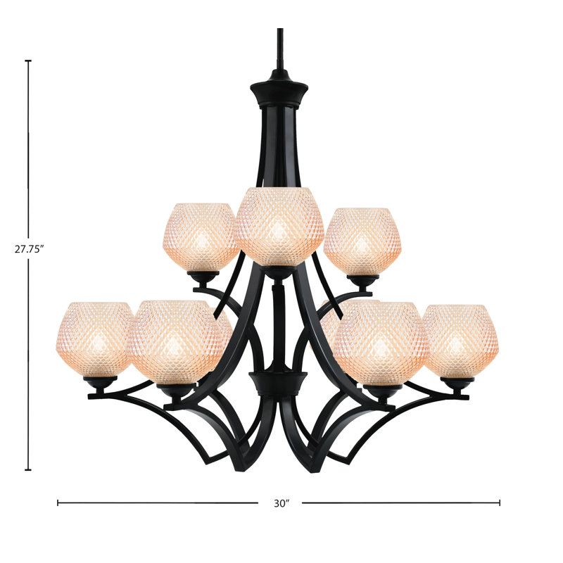 Lustre 9 lumières Zilo, fini noir mat, avec verre texturé ambre de 6 po