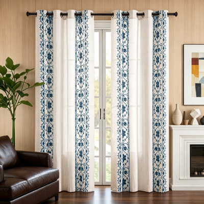 Blue Boho Curtains for Bedroom, Floral Linen Embroidered Farmhouse Drapes, Light Filtering Grommet, 63 Inch, 2 Panels