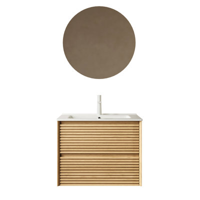 Armoire de salle de bain 24 po avec lavabo en céramique, contreplaqué, couleur chêne, tiroirs, armoire de contreplaqué de meuble-lavabo à installation en douceur, cuve blanche, chaleur, méthode simple et d'assemblage