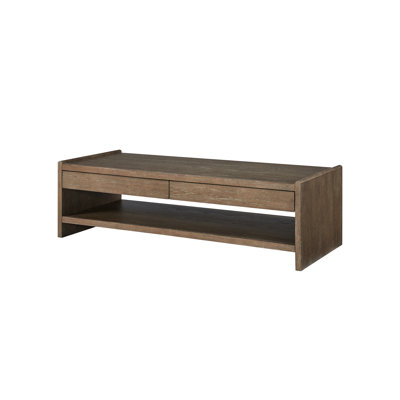 Table de cocktail à 2 tiroirs en bois conçue avec des tiroirs à fermeture en douceur de la quincaillerie, deux pour optimiser le rangement à distance et sous-verre, présentoir de bibliothèque pleine longueur, apparence subtile