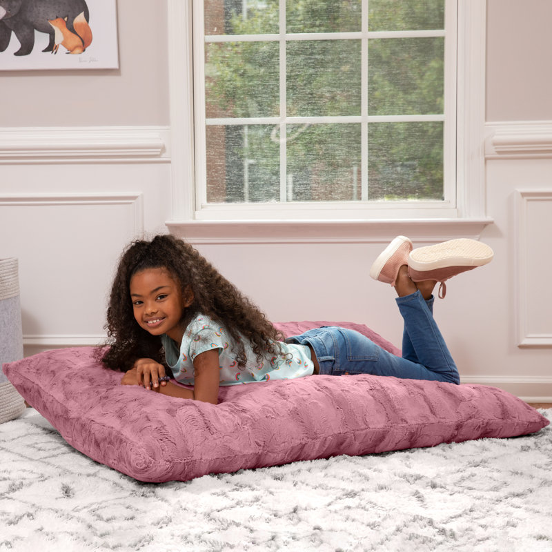 Raven-Symoné Home Pillow Saxx Jr Crash Puff, Giant Floor Pillow & Faux Fur Lounger, Wild Rose, Pink Faux Fur