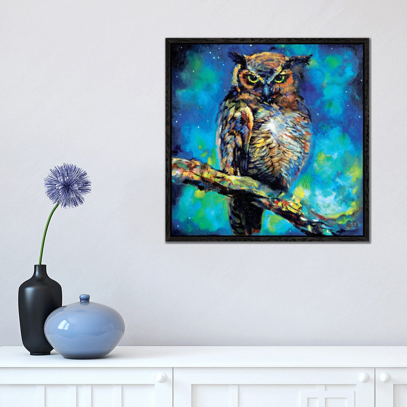 Great Horned Owl by Sue Gardner - Painting on Canvas, 45.72 cm H x 45.72 cm W, Black Framed