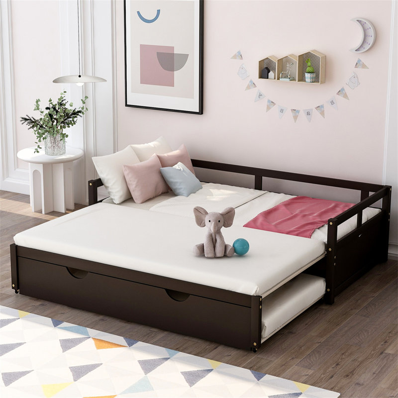 Lit de jour extensible avec couchette, lit de jour en bois avec couchette, Brun