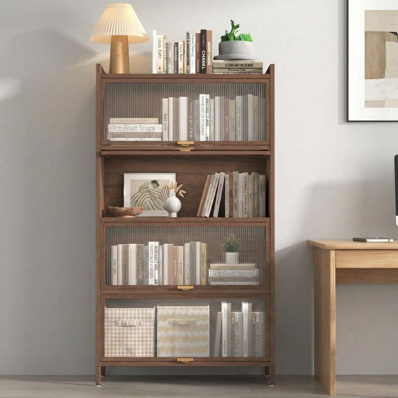 Armoire de 57 po en métal avec 4 portes rabattables - Unité de rangement à finition noyer pour le salon, le bureau, la chambre à coucher et le vestibule
