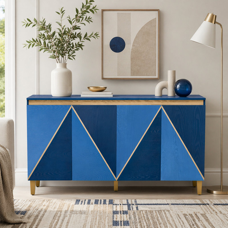 Buffet rétro 60 pouces avec portes dimensionnelles deux tons, Bleu marine foncé, bleu marine clair