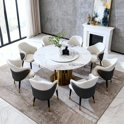 59" Round Dining Table With 360° Smooth Lazy Susan, Stain & Heat Resistant Sintered Stone Tabletop, Modern Minimalist Design For Kitchen, Dining Room, Compact Spaces(8 Chairs)
