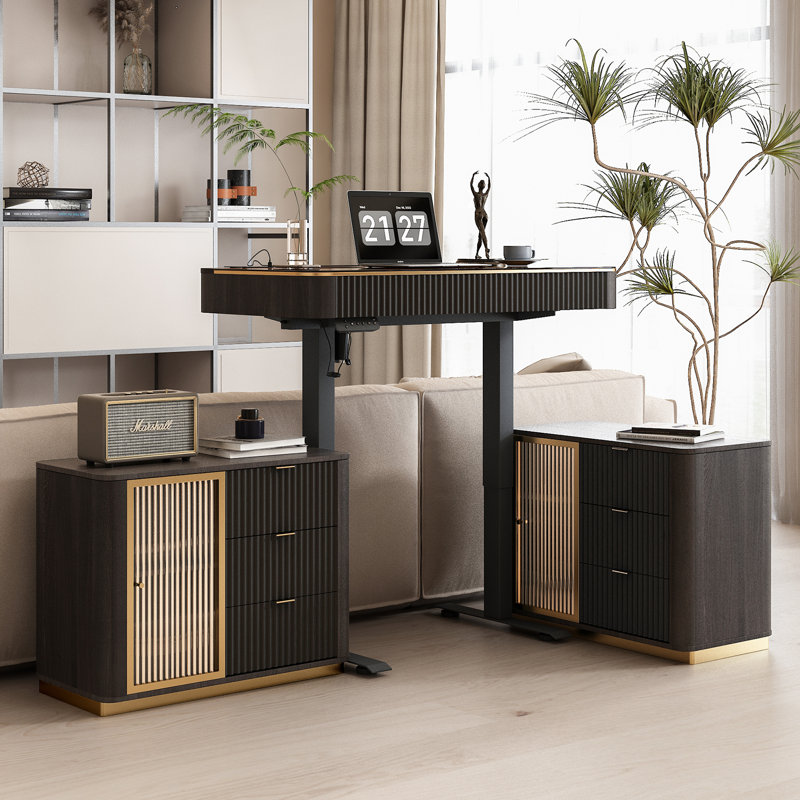 Home office desk, adjustable reversible standing desk with built-in USB and power outlet, glass top, storage drawers, two large capacity storage cabinets
