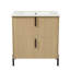 Meuble-lavabo de 76 cm (30 po), lavabo en céramique, tiroirs extensibles, coulisses encastrées à fermeture amortie, design cannelé, aspect naturel, décor moyen, agencement unique des tiroirs de rangement.