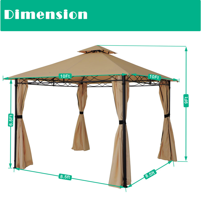 Pavillon de jardin en acier à toit souple avec rideau épais (assemblage rapide sans outil), Bordure de jardin x 10 pi,, Brun
