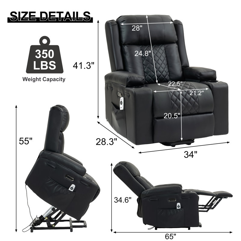 PU Leather Electric Power Lift Heated Massage Recliner Chair with Cup Holders and USB Type C (Black), Black
