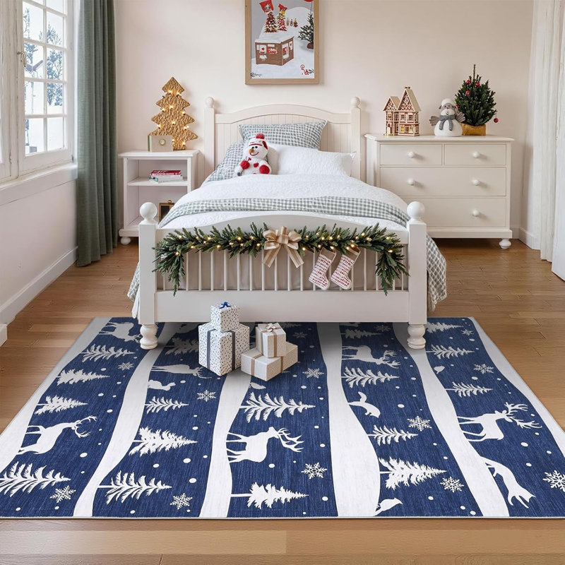 Christmas Rugs with Xmas Tree Reindeer Snowflake for Holiday Decor, Non Slip Low Pile Washable Rug for Kitchen, Entryway, Living Room, Bedroom