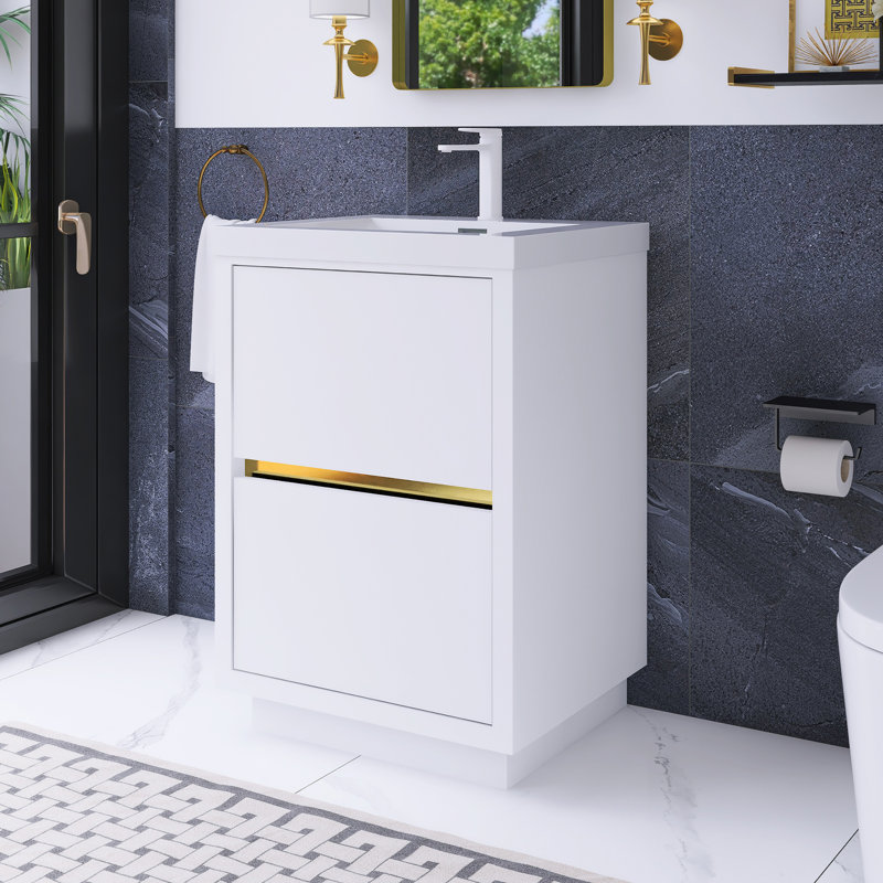 24 po Meuble-lavabo autoportant à simple cuve, Blanc lustré