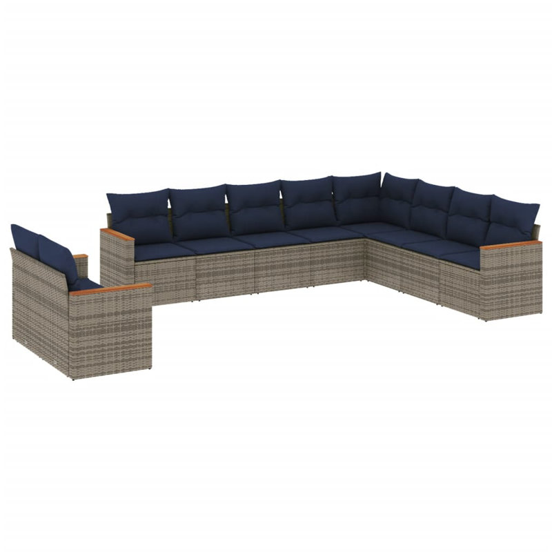 Latitude Run® 10 Piece Patio Sofa Set With Cushions Black Poly Rattan, Navy Blue Cushion/ Gray Frame