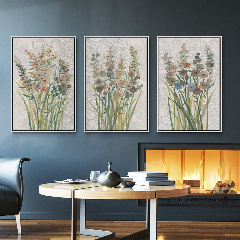 Patch of Wildflowers I, ensemble de 3 pièces encadrées sur toile, Blanc, H 27 po x l 54 po