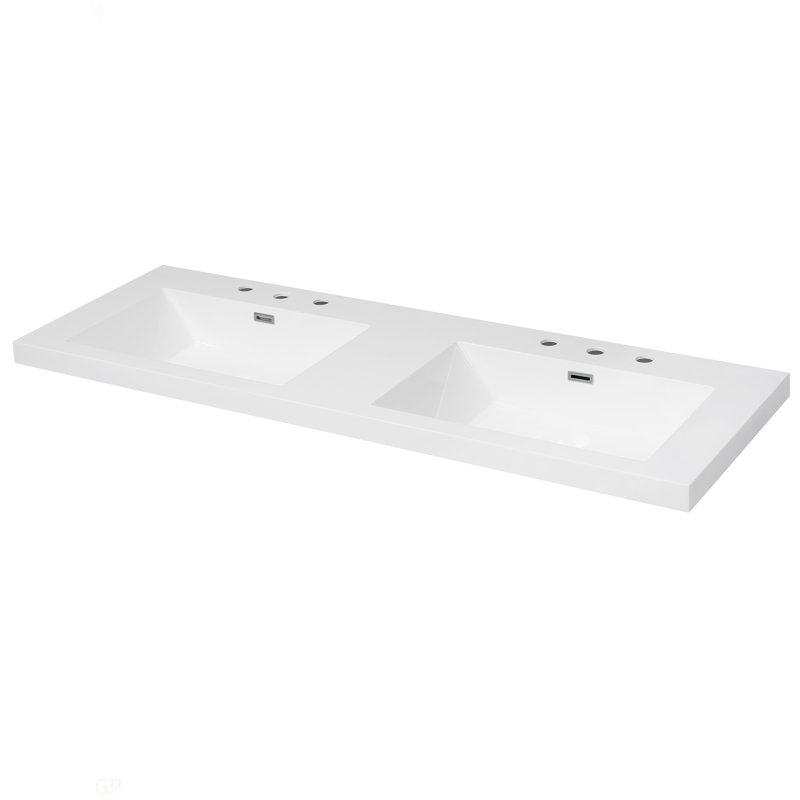Meuble-lavabo en résine 60 po pour salle de bain, avec lavabos doubles rectangulaires encastrés, trous de robinet de 8 po, comptoir de meuble-lavabo seulement