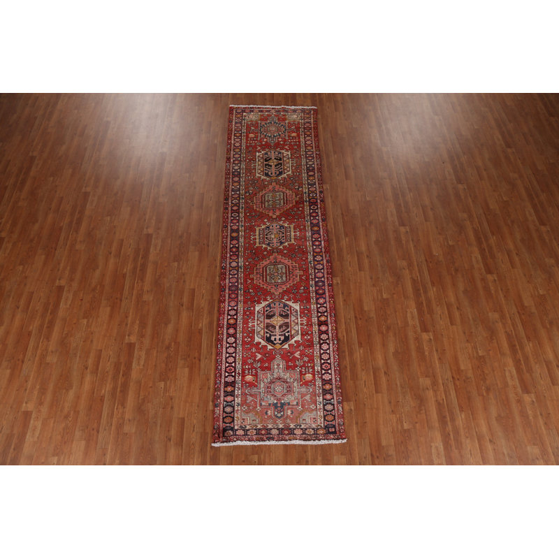 Tapis de couloir géométrique rouge Heriz Persian Design noué à la main 3 x 11