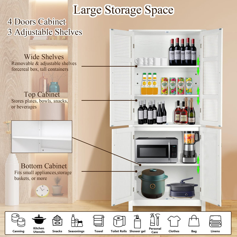 71'' White Wood Kitchen Pantry Cabinet with Rattan Doors