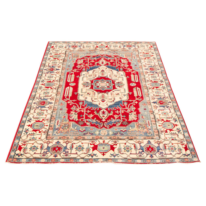 Tapis bleu marine / rouge / brun clair en laine nouée à la main 6 pi x 9 pi 3 po One Age of a Kind Kind