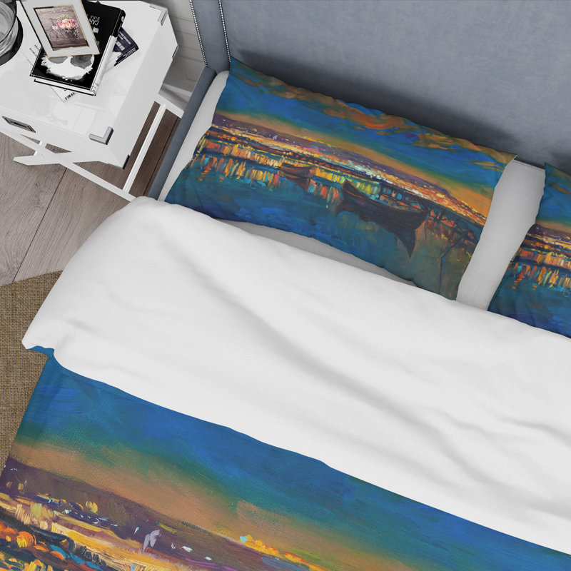 Deux petits bateaux dans le village - ensemble de housse de couette nautique et côtier - polyester microfibre