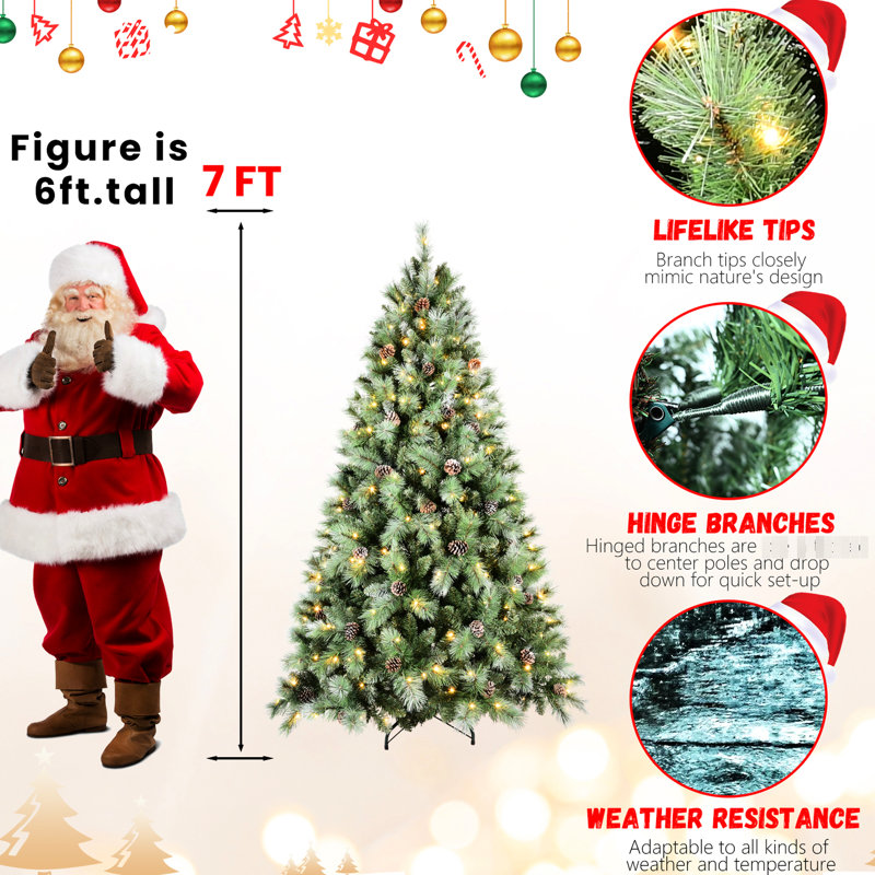 Arbre de Noël de 7 pi équipé de 400 lumières à DEL blanc chaud, 1348 pointes d'aiguilles mixtes et dures, 82 branches de pin, installation facile à charnières pour un joyeux matin, branches pré-enfilées, assemblage sans effort et