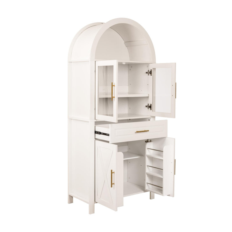 Grand garde-manger arqué de 71 po avec portes en verre, buffet de rangement de style campagnard avec tablettes réglables et porte de grange pour salle à manger