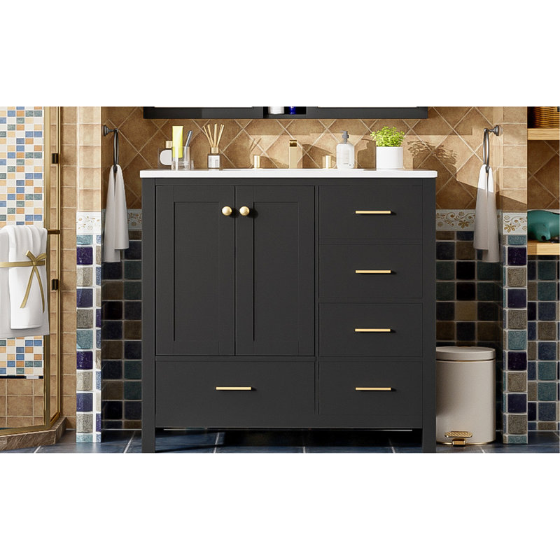 Meuble-lavabo moderne de 36 po avec lavabo en céramique, structure en bois massif, 4 tiroirs, portes à fermeture douce, glissière de tiroir lisse, grand espace de rangement,