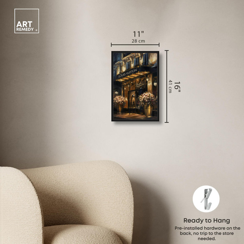 «Elegant Night Storefront» par Art Remedy, H 16 po x l 11 po, Reproduction encadrée sans passe-partout