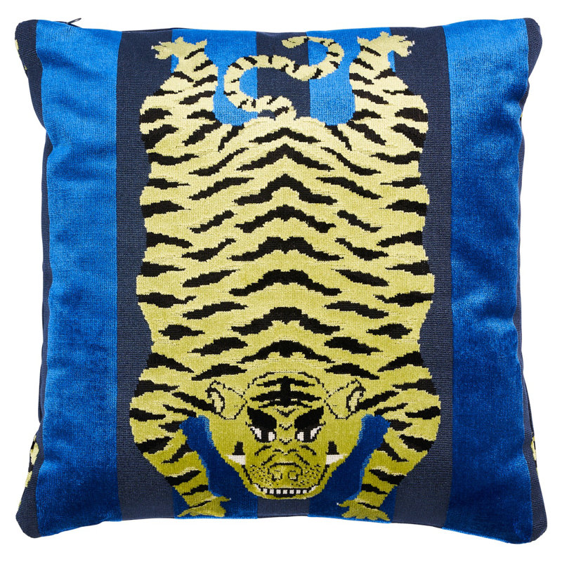Jokhang Tiger Velvet Pillow, Blue