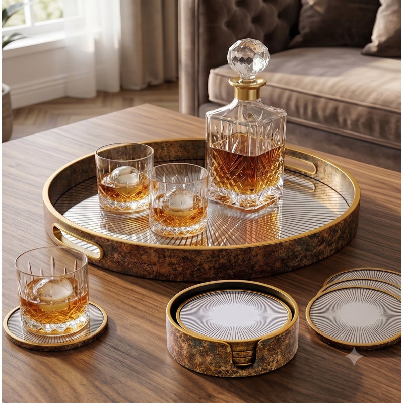 Round 4 Piece Coaster Set With Holder