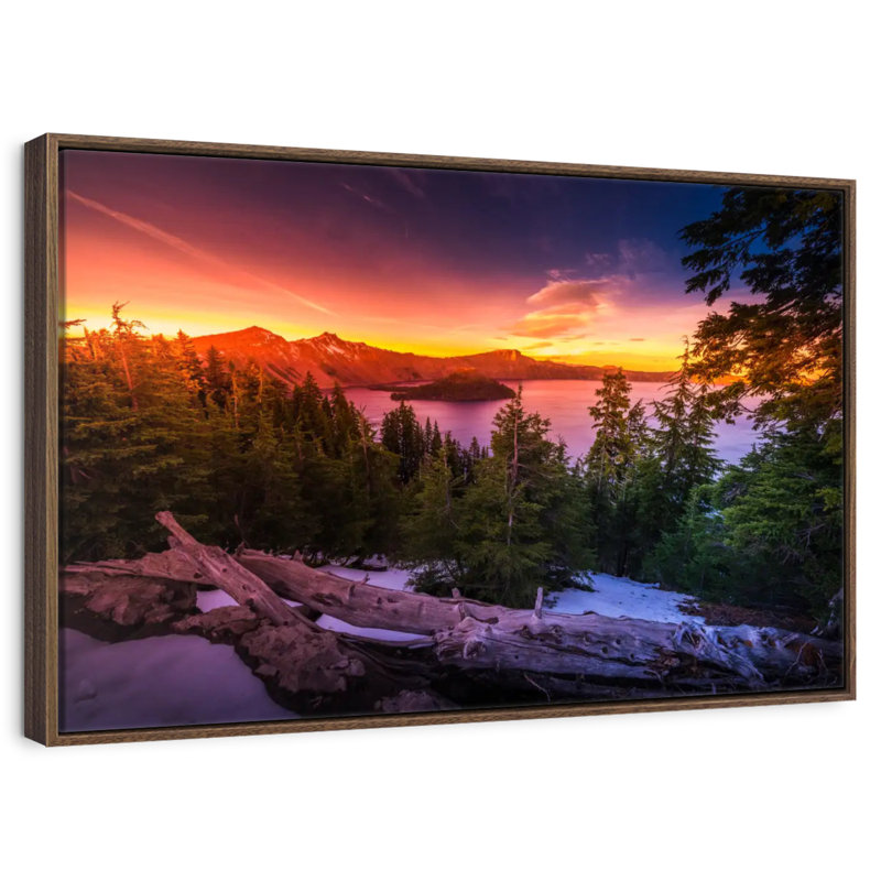 Majestic Crater Lake Sunset, 19 po x 13 po, Cadre flottant en noyer