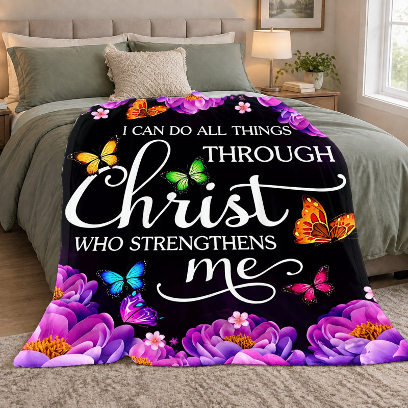 1pc Christian Faith Quote Blanket, Inspirational Bible Verse Throw Blanket, Religious Butterfly Floral Pattern Flannel Blanket, Super Soft Cozy Warm Blanket for Sofa Bed Couch Living Room Dorm Office Travel, Home Decor All‑Season Blanket,