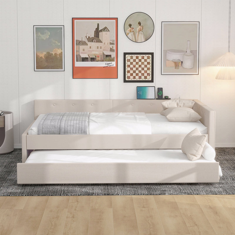 Lit plateforme double tapissier avec USB et lit gigogne simple, Lit double