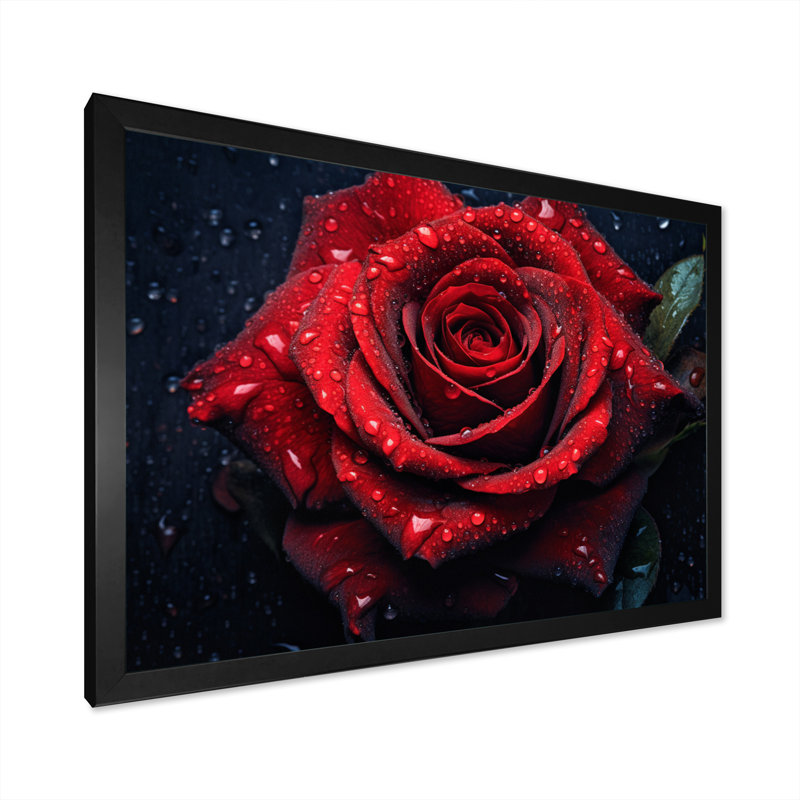 Rose rouge avec gouttes de pluie VI - impression sur toile florale, H 12 po x l 20 po x P 1 po, Cadre simple noir