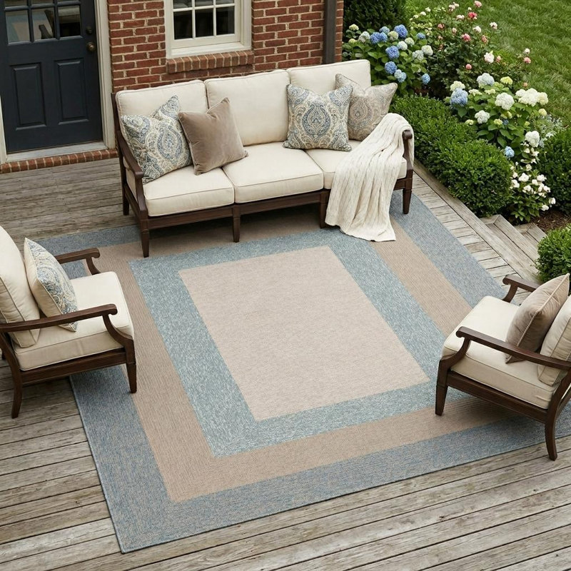 Tapis intérieur / extérieur bleu et beige fait à la main 8 pi x 11 pi