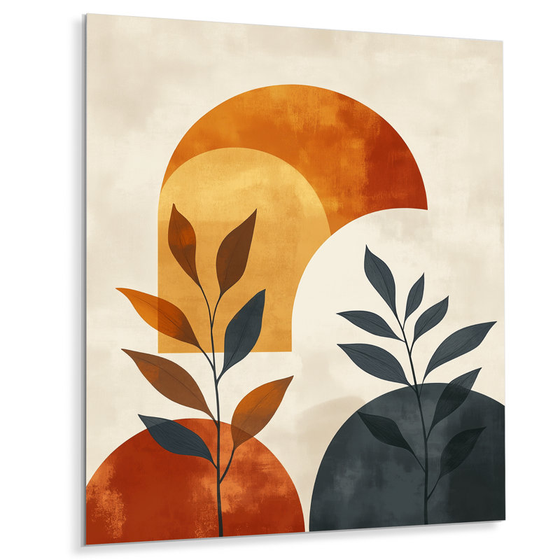 Orange et noir minimaliste géométrique botanique - Boho abstrait, décoration murale en métal, L 30 po x H 40 po