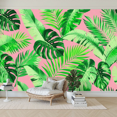 Papier peint adhésif auto-adhésif moderne pour la chambre à coucher avec feuilles vertes tropicales L 69 po x l 96 po Peel and Stick