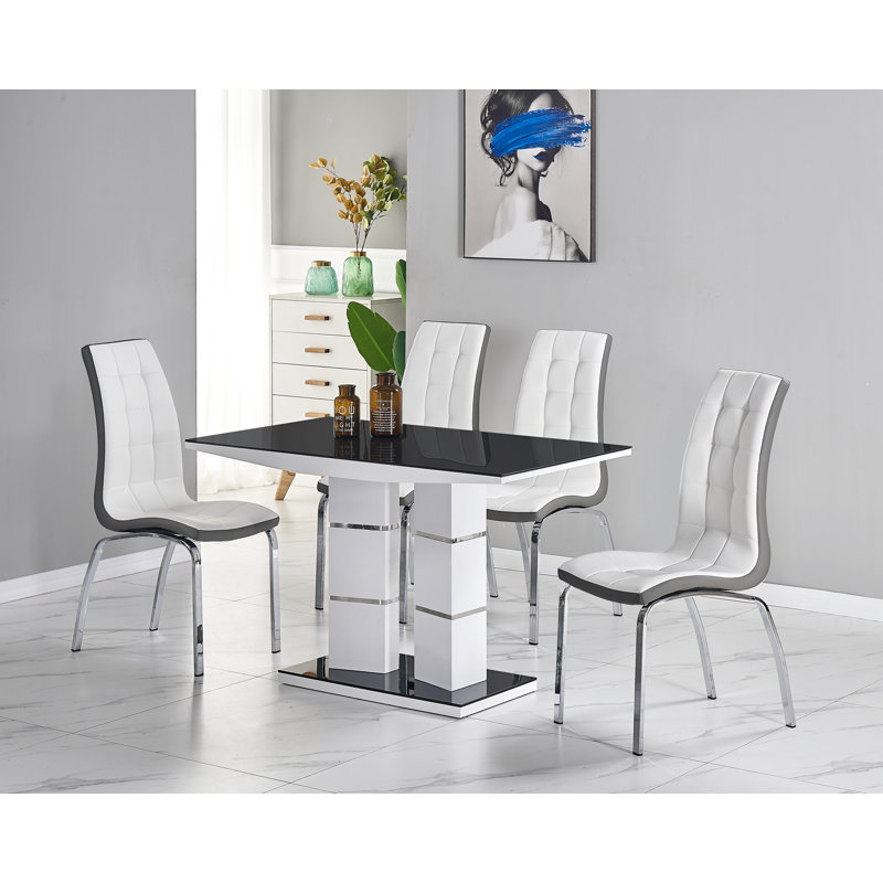4 -Person Tempered Glass Dining Set, Black/White, White