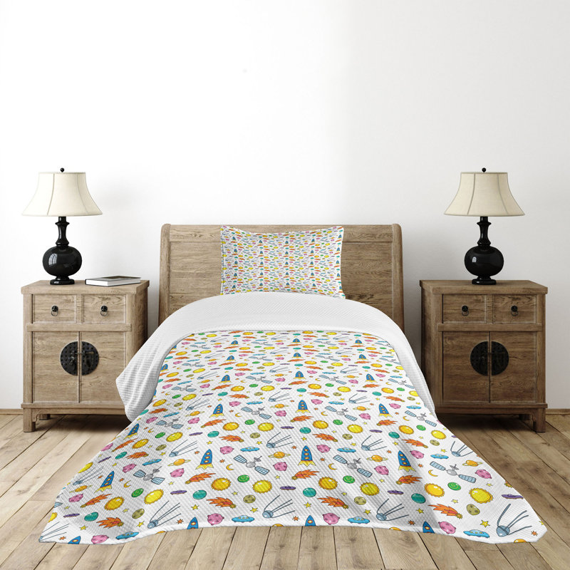 Ambesonne Spaceship Bedspread Set Cartoon Shooting Star Multicolor