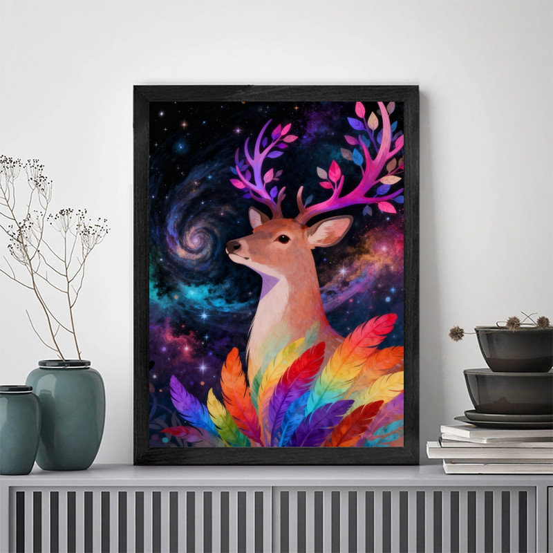 Cadre noir, impression de cerf arc-en-ciel cosmique Boho, H 11 po x l 9 po