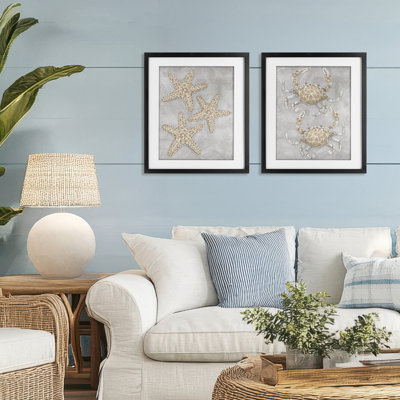 «Gray Starfish & Crab Dessin», ensemble de 2 reproductions encadrées sous verre, par Patti Bishop