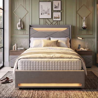 EU & UK Grey Linen Ottoman Storage Bed Frame with RGB-LED Lighting, Upholstered Smart Bed with Integrated Charging Station - 2 Outlets, 1 USB, 2 Type-C
