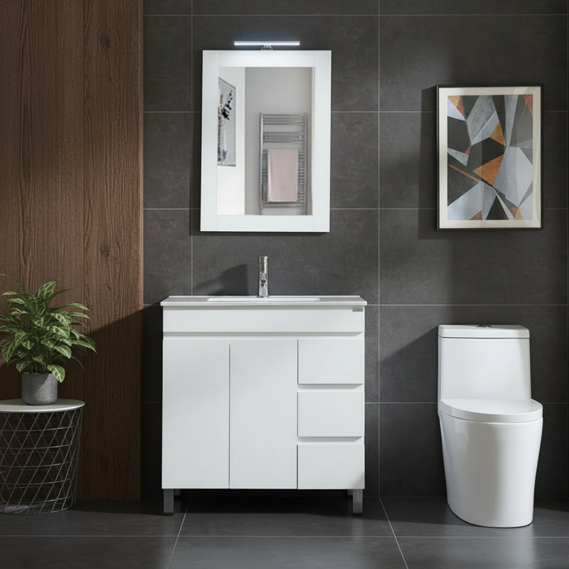 Meuble-lavabo en bois blanc, comptoir en céramique, avec miroir et robinet