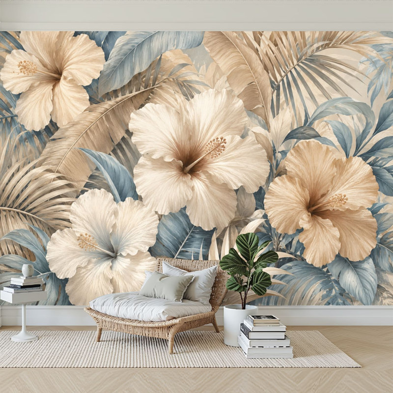 Papier peint adhésif auto-adhésif moderne pour la chambre à coucher avec feuilles botaniques tropicales et fleurs d'hibiscus