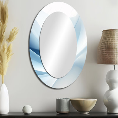 Blue And White Abstract Fractal Fusion II - Blue Modern Oval Wall Mirror
