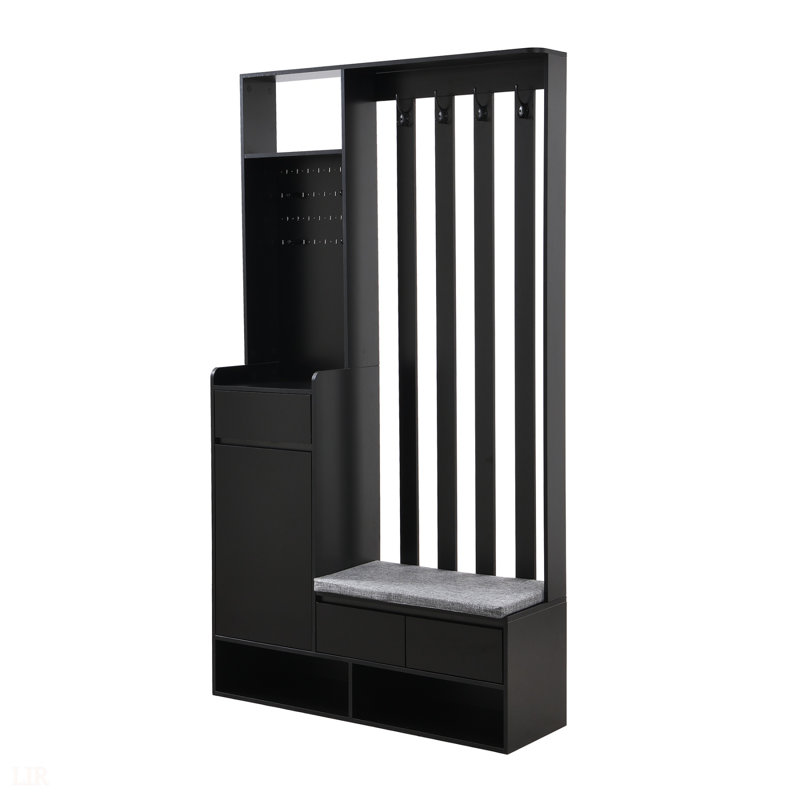 Arbre d'entrée contemporain l 39,3 po x H 70,8 po avec banc de rangement rembourré, rangement multifonctionnel pour hall d'entrée avec panneau perforé et 4 crochets, noir
