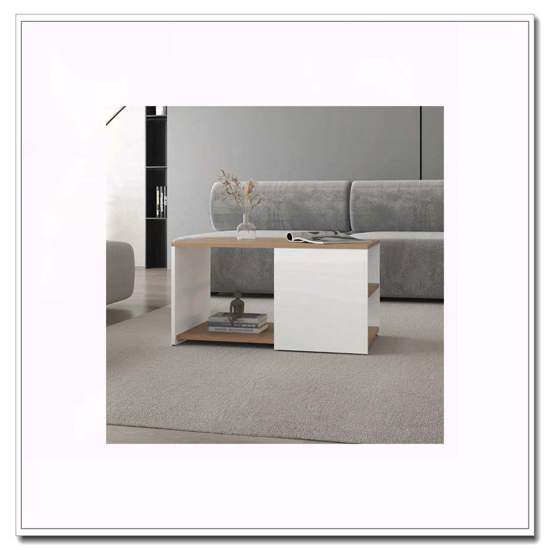 Table basse en chêne blanc et naturel avec rangement ouvert et pieds coniques