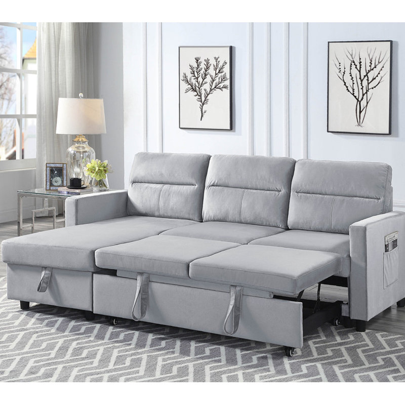Canapé-lit modulaire réversible en velours 81,5 po gris clair avec méridienne de rangement et poche latérale, Light Grey